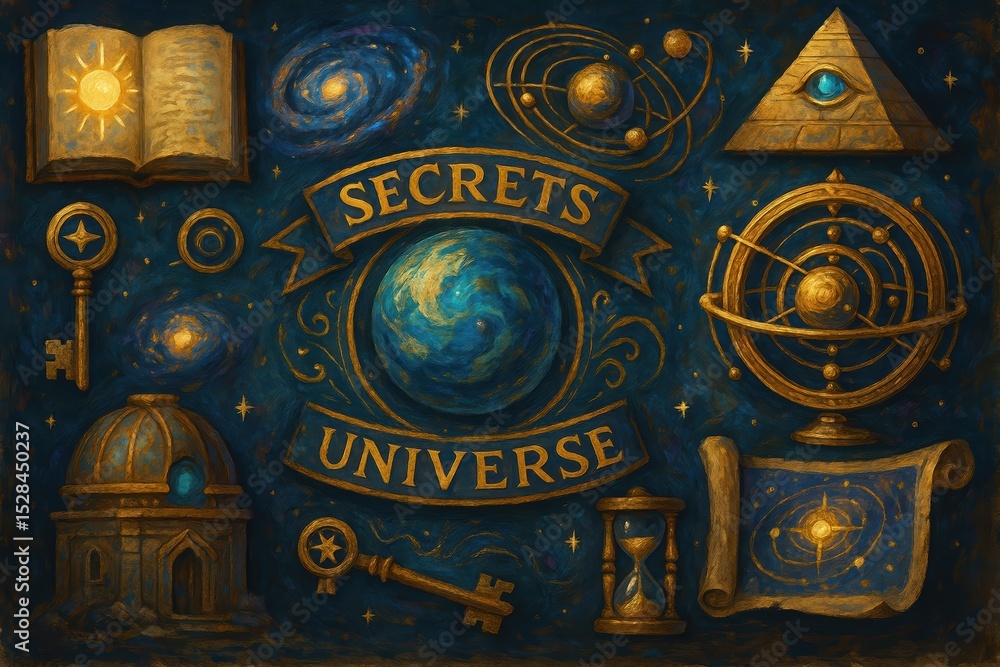 Poster discovering ancient wisdom and cosmic mysteries in the secrets of the universe