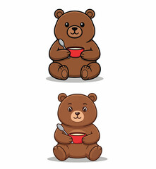 Cute Cartoon Bear Drinking from a Red Bowl
