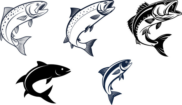 illustration of set fish silhouette  vector brown trout logo