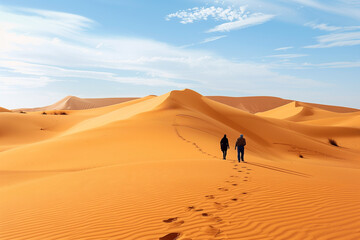 Berbers leaving footprints in an orange desert sand and doubt landscape with a clear sky with travel copy space wallpaper