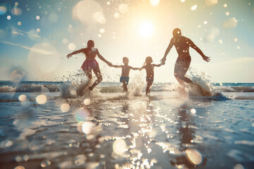 Family bathing in the sea at the beach during holidays, engaging in seaside fun on a sunny travel escape