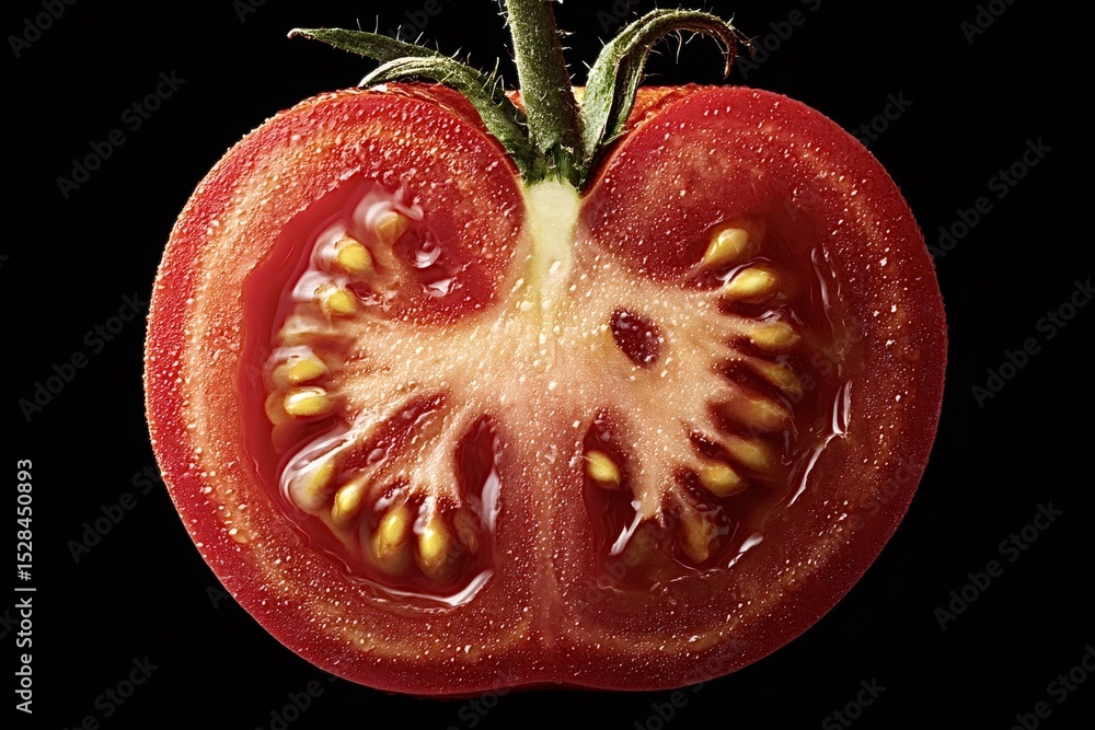 Poster close-up of a ripe tomato slice glistening with water droplets, revealing its inner structure with s
