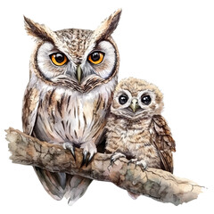 A Mother Owl With Her Kid, watercolor illustration vector, high quality, isolated on a white background.