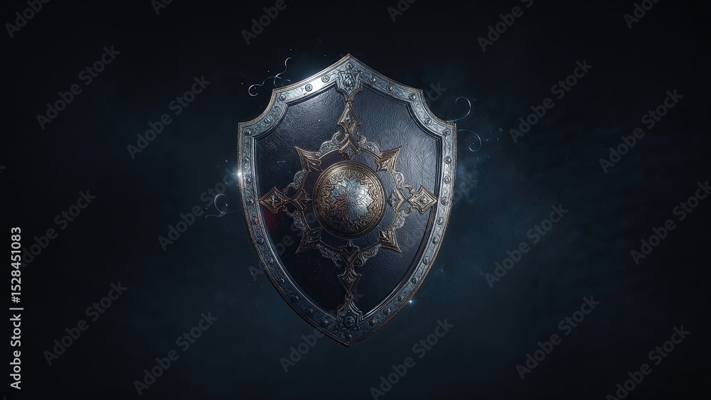 Poster detailed shield barrier design with intricate patterns glowing against a dark background