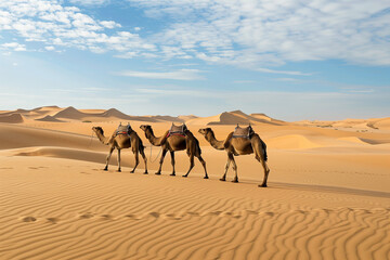 Camels leaving footprints in the sand of a desert landscape with dunes and sky with copy space for travel wallpaper