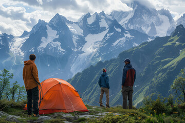 Mountaineering Friends with a Tent on the Mountain, enjoying a scenic summit camp with significant copy-space