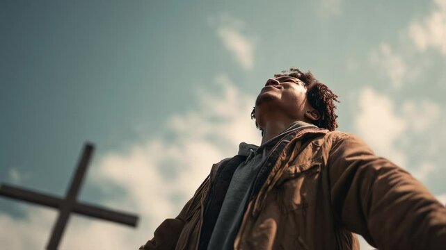 Concept photo of a person standing in front of a cross, their face lifted towards the heavens as they offer prayers of thanksgiving and forgiveness during Good Friday.