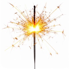 Bright Golden Sparkler Burning Against White Background