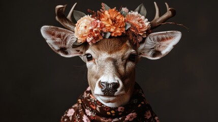 A unique deer adorned with colorful flowers and a floral scarf, presenting an artistic twist on nature and wildlife, perfectly blending elements of whimsy and elegance in the shot.