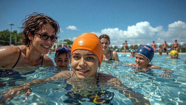 Children Learn Swimming Skills Under Guidance at Local Pool During Sunny Summer Day