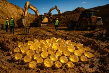 Yellow Sapphire Gems Exposed During Mining Operation in a Quarry at Midday