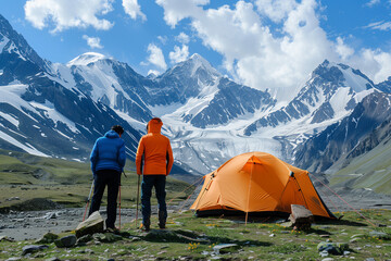 Mountaineering Friends with a Tent on the Mountain, experiencing the serenity of high-altitude camping, with ample copy-space