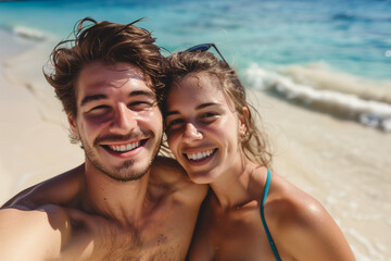 Young couple in love on a beach by the sea on a summer vacation trip with radiant smiles, generous copy space, basking in the summer sun
