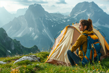Female mountaineer with a tent on the mountain, standing proudly with a backdrop of expansive mountain ranges and ample copy-space