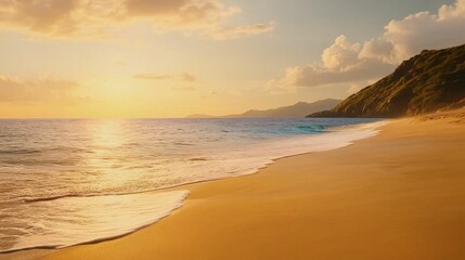 Fototapeta premium Golden sunset, ocean waves, sandy beach, coastal hills.