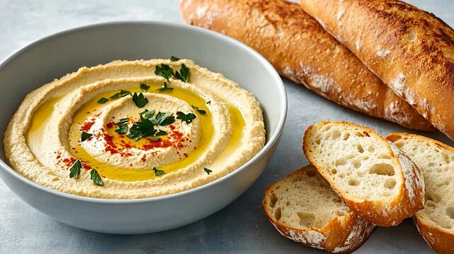 Hummus bowl with bread slices flat lay culinary still life food photography