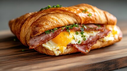 An appetizing croissant filled with bacon and egg topped with chives, showcasing mouthwatering breakfast flavors in a beautifully styled and photogenic manner.