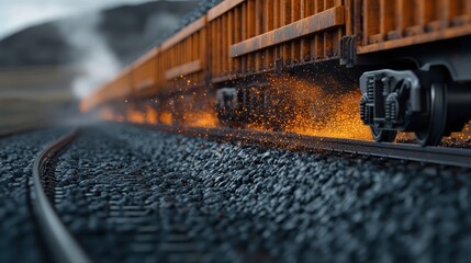 A dynamic view of an industrial freight train moving swiftly along rugged tracks, with sparks igniting from the wheels, symbolizes power, motion, and the essence of transport.