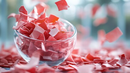 A dynamic image capturing vibrant pieces of candy being scattered into a clear bowl, combining vivid colors and a playful scattering effect to invoke a sense of fun and abundance.