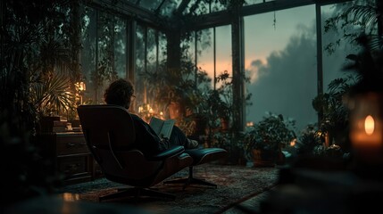 Relaxing Evening in a Sunroom with Book and Plants