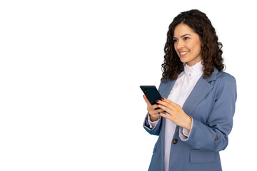Businesswoman smiling while using smartphone on transparent background, perfect for easy...