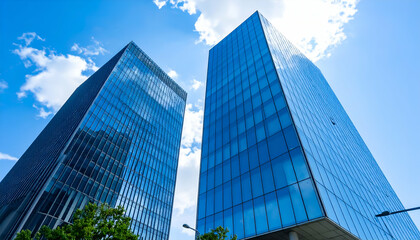 Fototapeta premium Two Modern Skyscrapers Reaching for the Sky on a Sunny Day