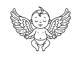 Adorable Baby Angel Wing Drawing - Cute B&W Line Art Illustration