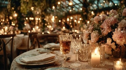 Romantic Wedding Reception Table Setting with Candles and Flowers