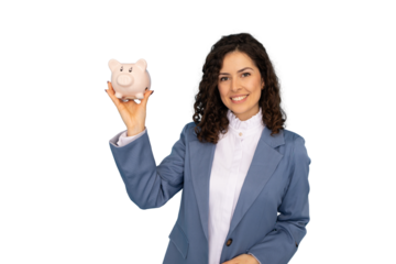 Businesswoman smiling and holding piggy bank promoting savings and financial responsibility, on transparent background