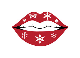 Red Lips with Snowflakes Illustration - Winter Holiday Art