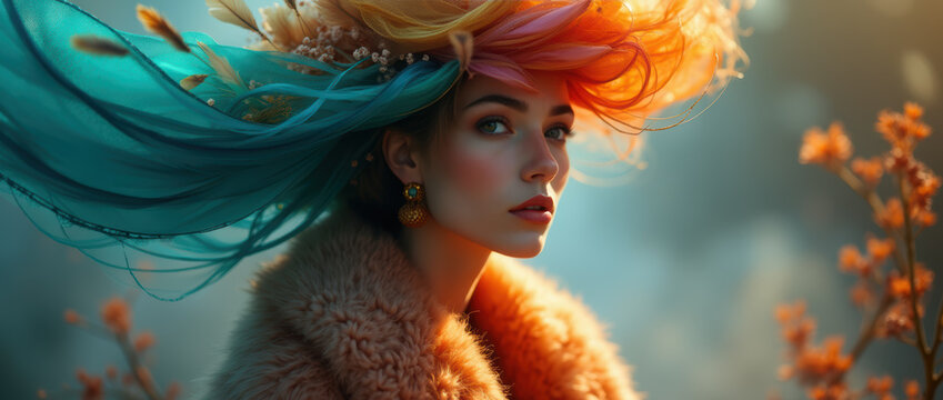 A Detailed Portrait of a Woman Wearing a Statement Hat with Flowing Multicolored Fabric and a Faux Fur.