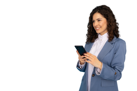 Businesswoman smiling while using smartphone on transparent background, perfect for easy integration into any design project - Powered by Adobe
