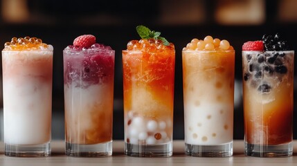 A vibrant array of colorful drinks topped with various fruits and bubbles, showcasing a delightful and refreshing visual experience perfect for summer or festive occasions.