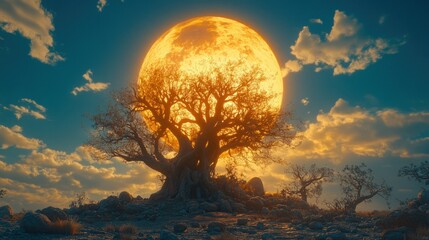 Large tree under a fiery orange moon