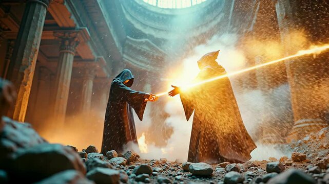 Energy collision between mages in slow motion reveals glowing runes and flying debris in ancient arena