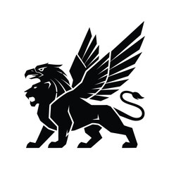 A stylized black silhouette of a griffin, a mythical creature with wings.