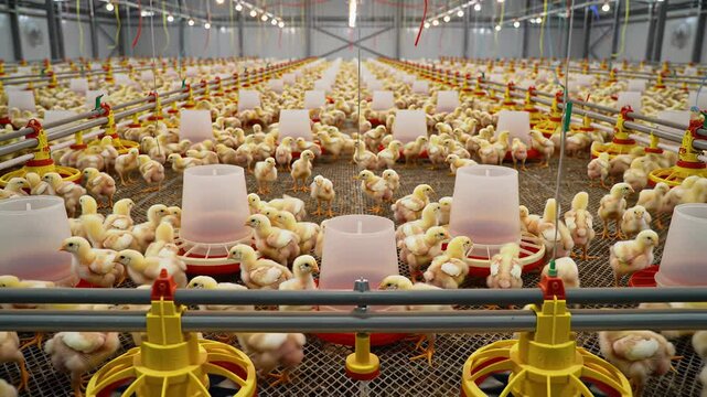 Chickens growing in large poultry farm facility at midday