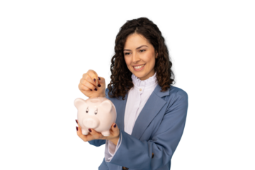 Smiling businesswoman inserting coin in piggy bank, concept of saving and investment, transparent background