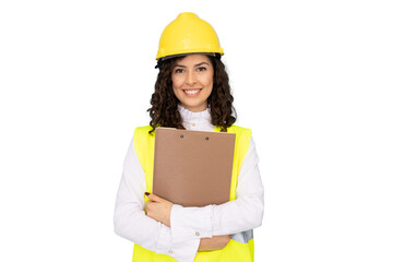 Young architect wearing safety helmet and high-visibility vest holding clipboard, smiling on transparent background