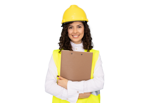 Young architect wearing safety helmet and high-visibility vest holding clipboard, smiling on transparent background