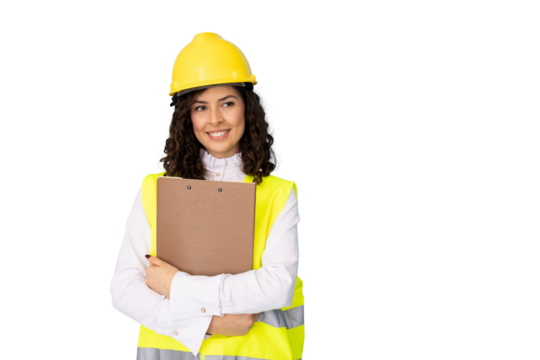 Confident female engineer in safety vest and hardhat holding clipboard, smiling and looking to the side on a transparent background