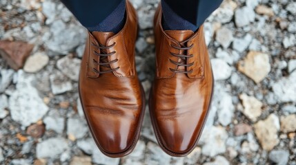 Stylish brown leather dress shoes are elegantly positioned on rocky ground, showcasing their craftsmanship and pairing well with any formal or casual attire.