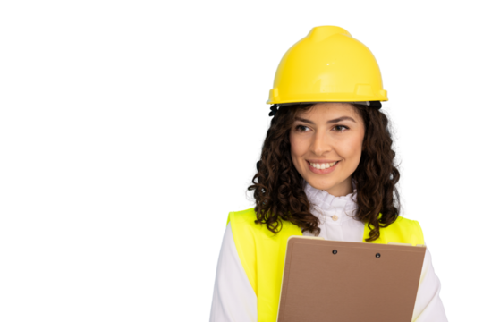 Professional female engineer wearing hard hat, safety vest, smiling while holding clipboard against isolated white background