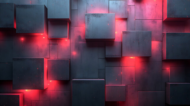 Abstract Dark Grey Cubes with Red Neon Lights - Geometric 3D Background