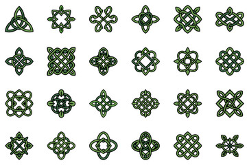 Celtic knot icon set in green line style with circular and geometric patterns. 24 vector elements. Concept: Irish heritage design, spiritual branding, traditional culture visuals, St. Patrick’s Day 