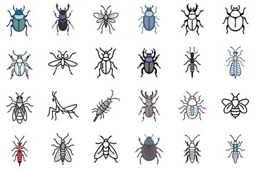 Insect icon set with spiders, beetles, wasps, flies and mantises in flat outline style. 24 vector elements. Concept: science visuals, pest control, educational biology graphics, science infographics