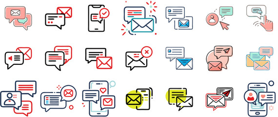 Fototapeta premium Set of 21 colorful vector icons featuring chat bubbles, emails, phones, notifications and messaging symbols. Red, yellow, blue and grey accents. For contact forms, UX design, CRM apps, newsletters
