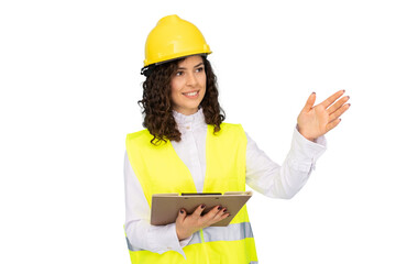 Professional female architect in safety gear, clipboard in hand, gesturing confidently against transparent backdrop