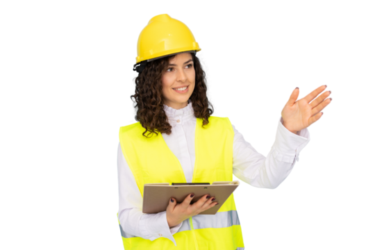 Professional female architect in safety gear, clipboard in hand, gesturing confidently against transparent backdrop