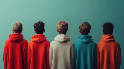 A group of young boys stands in colorful hoodies, showcasing their camaraderie, individuality, and the vibrant spirit of friendship against a minimalistic background.